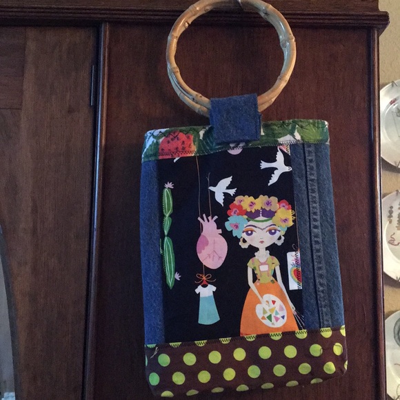 Freida Kahlo Upcycled Denim bamboo handles purse - Picture 3 of 8